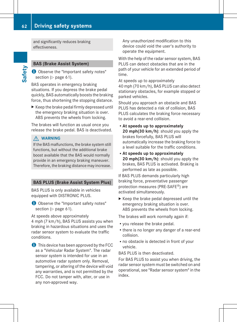 Bas (brake assist system), Bas plus (brake assist system plus), Safety | Driving safety systems | Mercedes-Benz CLS-Class 2012 Owners Manual User Manual | Page 64 / 356