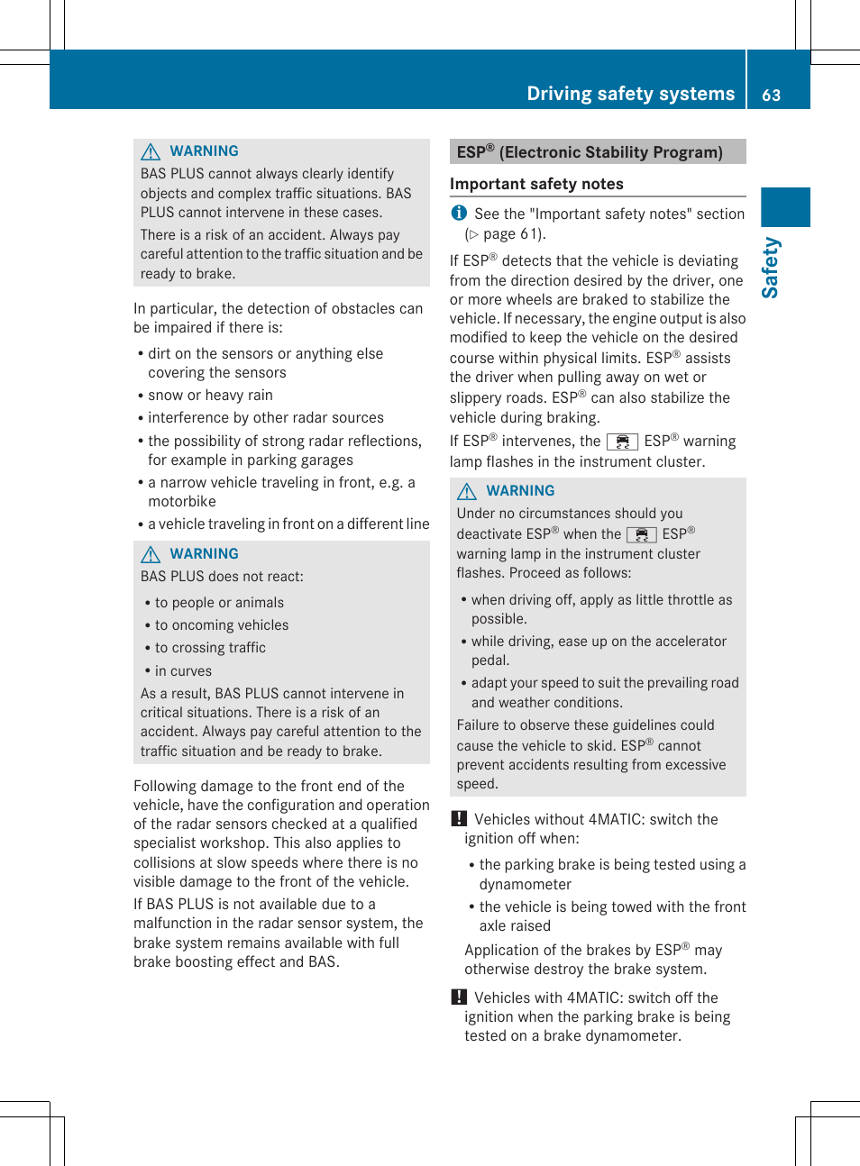 Esp® (electronic stability program), Safety, Driving safety systems | Mercedes-Benz CLS-Class 2012 Owners Manual User Manual | Page 65 / 356