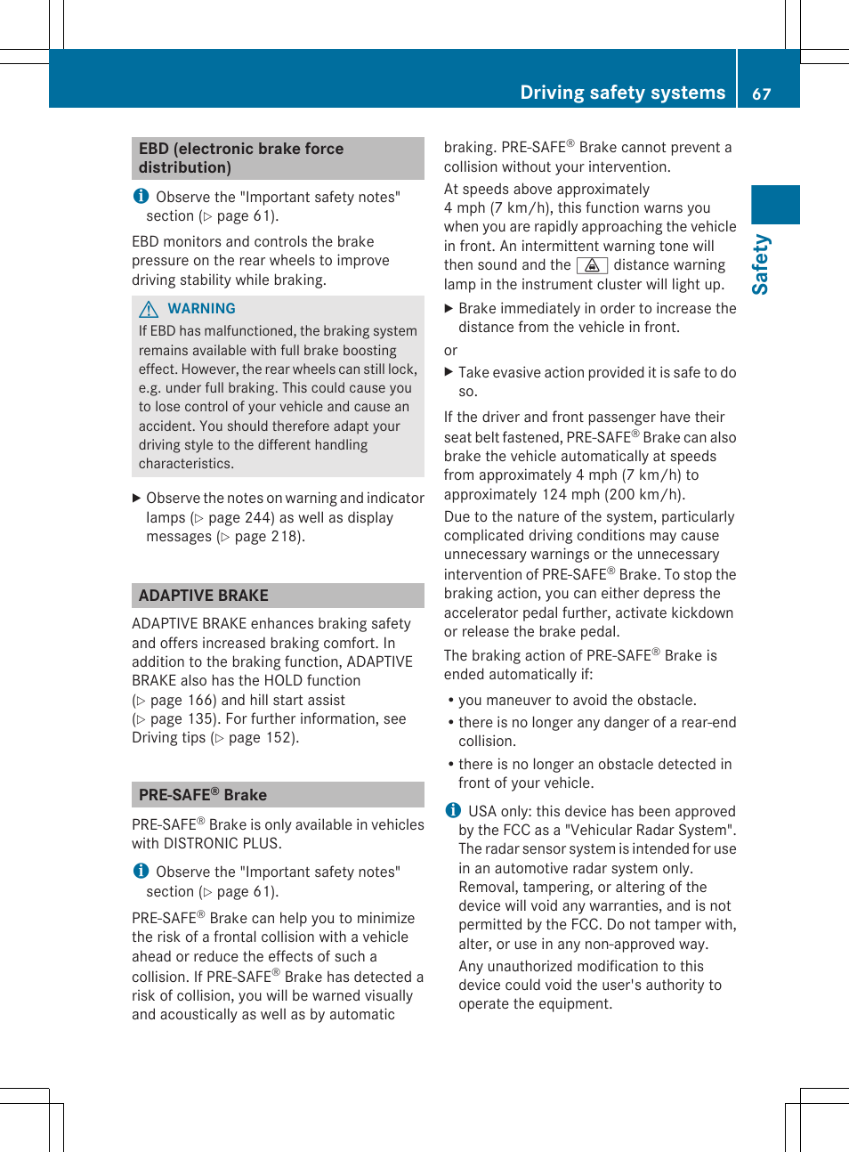 Ebd (electronic brake force distribution), Adaptive brake, Pre-safe® brake | Safety, Driving safety systems | Mercedes-Benz CLS-Class 2012 Owners Manual User Manual | Page 69 / 356