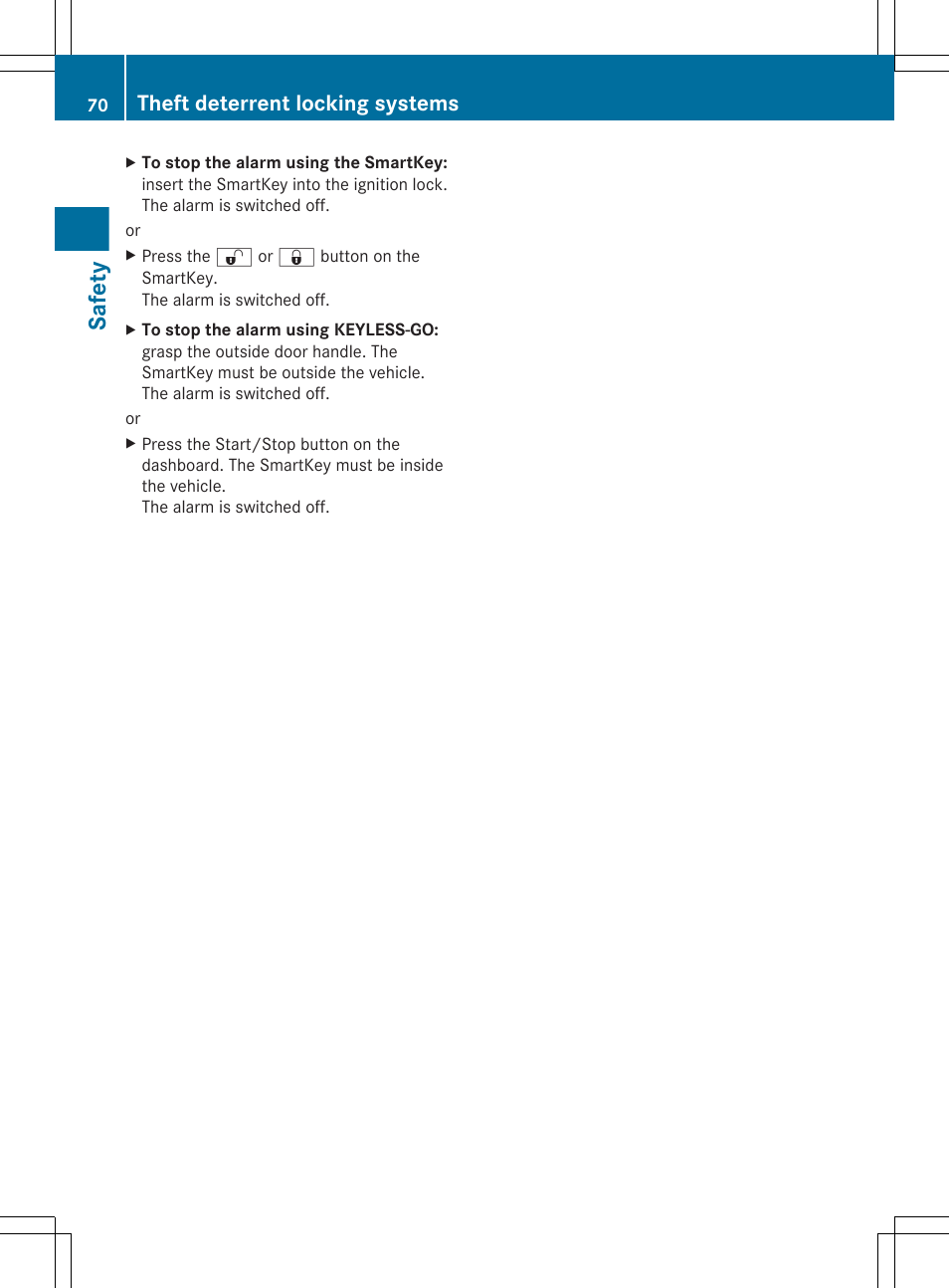 Safety, Theft deterrent locking systems | Mercedes-Benz CLS-Class 2012 Owners Manual User Manual | Page 72 / 356