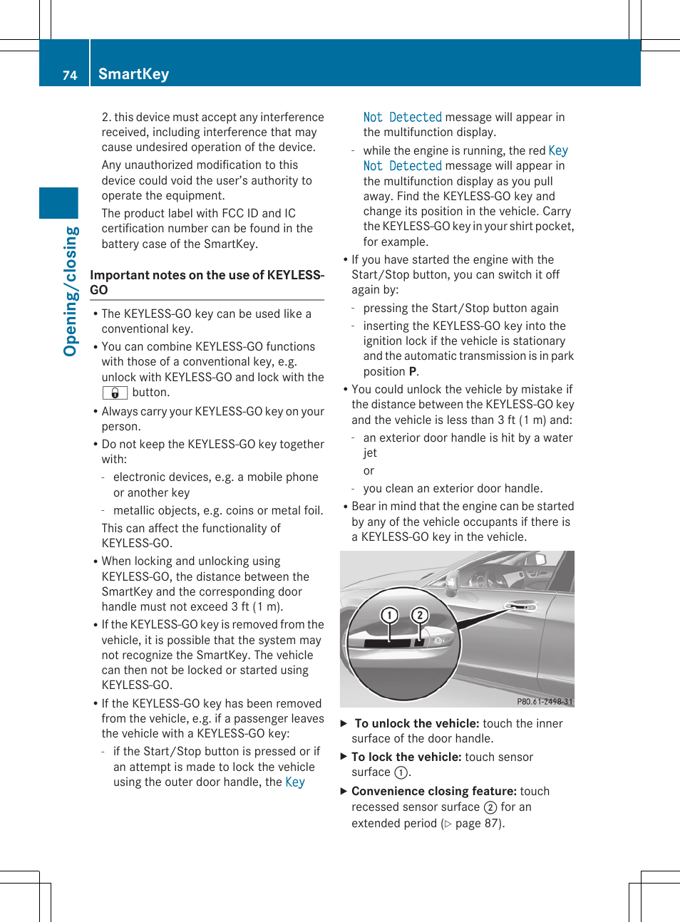 Opening/closing, Smartkey | Mercedes-Benz CLS-Class 2012 Owners Manual User Manual | Page 76 / 356