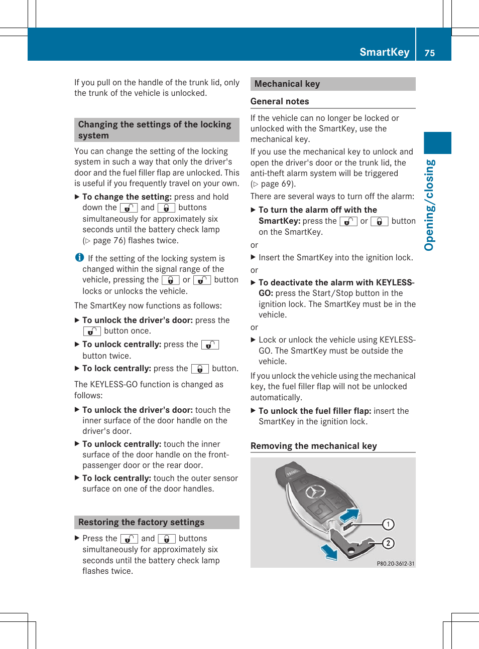 Changing the settings of the locking system, Restoring the factory settings, Mechanical key | Opening/closing, Smartkey | Mercedes-Benz CLS-Class 2012 Owners Manual User Manual | Page 77 / 356