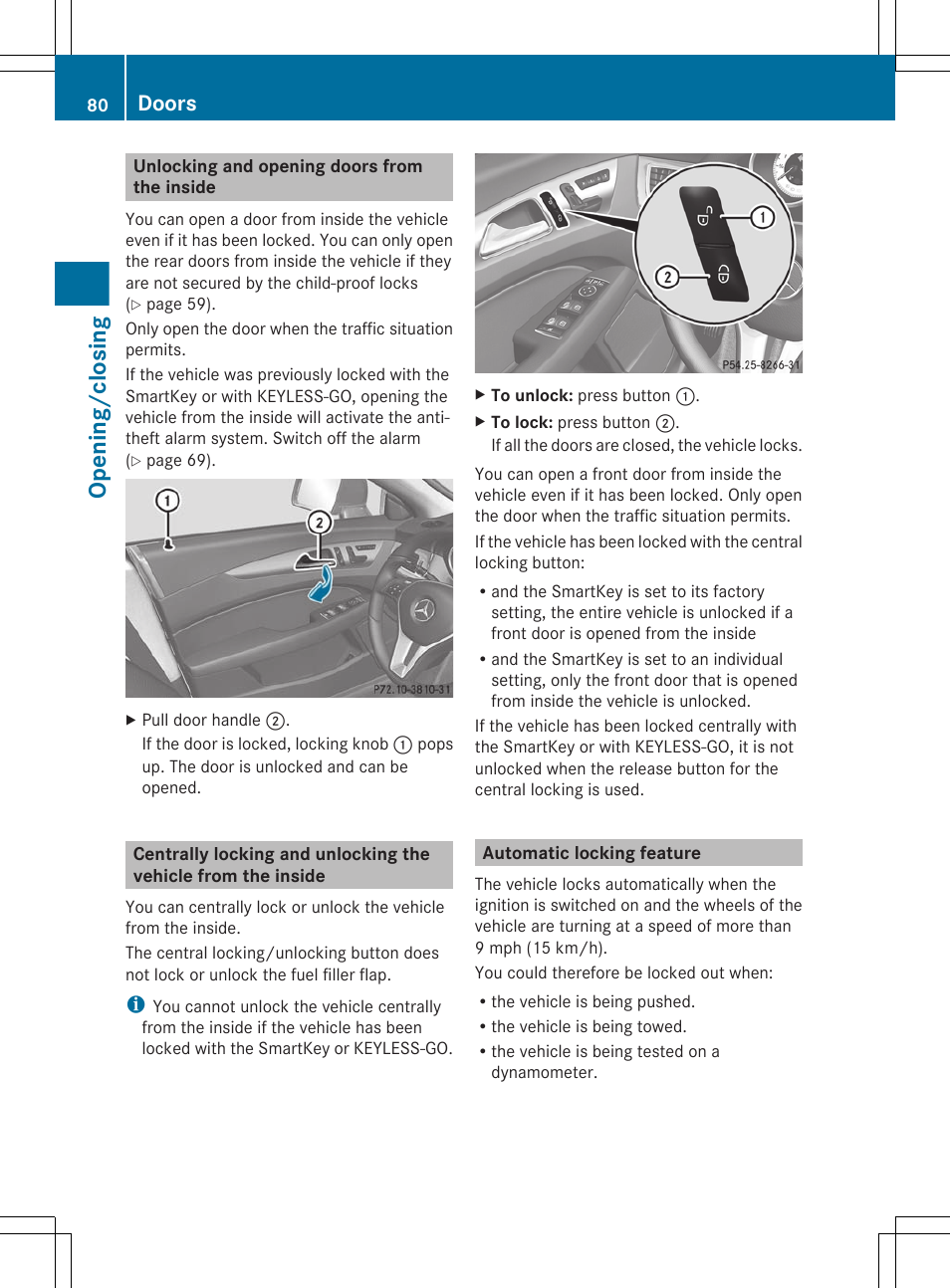 Unlocking and opening doors from the inside, Automatic locking feature, Opening/closing | Doors | Mercedes-Benz CLS-Class 2012 Owners Manual User Manual | Page 82 / 356
