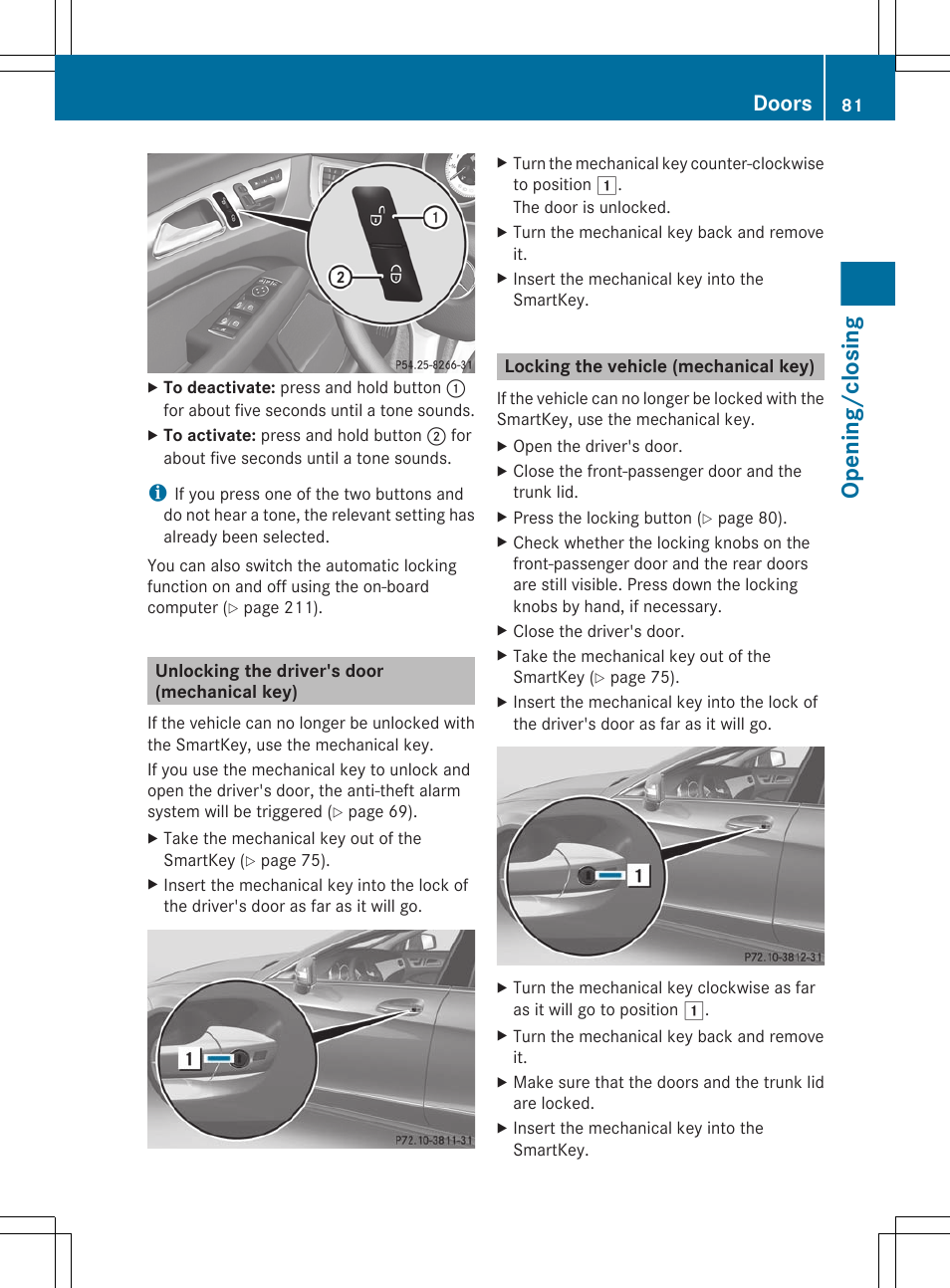Unlocking the driver's door (mechanical key), Locking the vehicle (mechanical key), Mechanical key | Lock, Opening/closing, Doors | Mercedes-Benz CLS-Class 2012 Owners Manual User Manual | Page 83 / 356