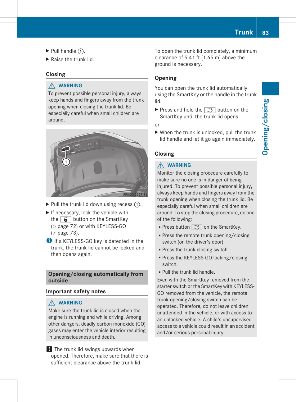 Opening/closing automatically from outside, Opening/closing, Trunk | Mercedes-Benz CLS-Class 2012 Owners Manual User Manual | Page 85 / 356