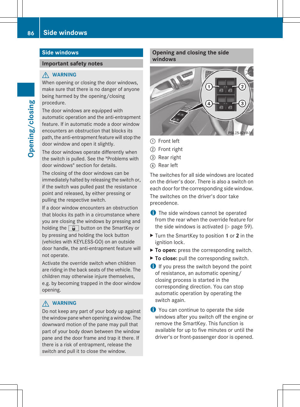 Side windows, Important safety notes, Opening and closing the side windows | Opening/closing | Mercedes-Benz CLS-Class 2012 Owners Manual User Manual | Page 88 / 356