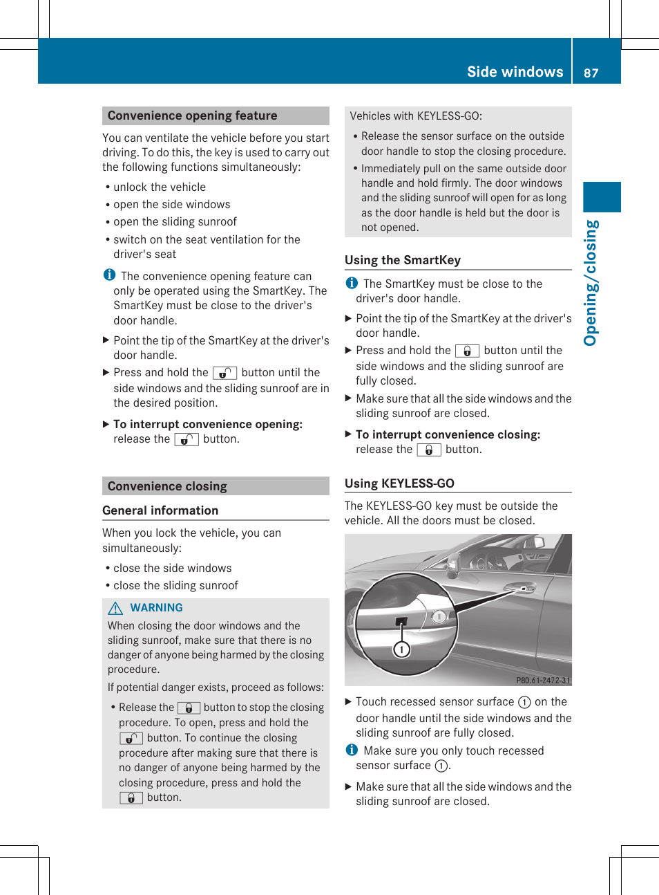 Convenience opening feature, Convenience closing, Opening/closing | Side windows | Mercedes-Benz CLS-Class 2012 Owners Manual User Manual | Page 89 / 356
