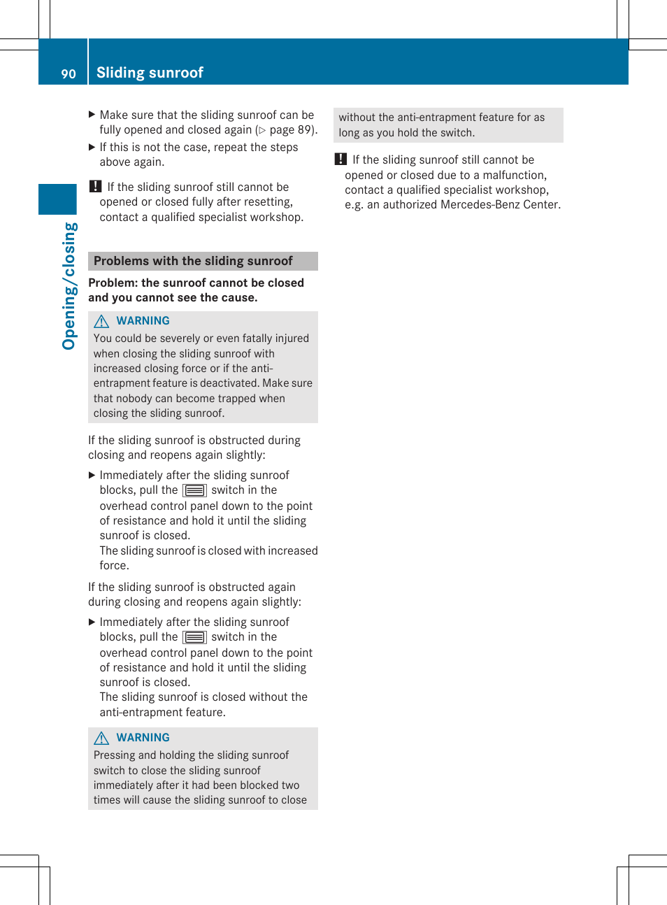 Problems with the sliding sunroof, Opening/closing, Sliding sunroof | Mercedes-Benz CLS-Class 2012 Owners Manual User Manual | Page 92 / 356