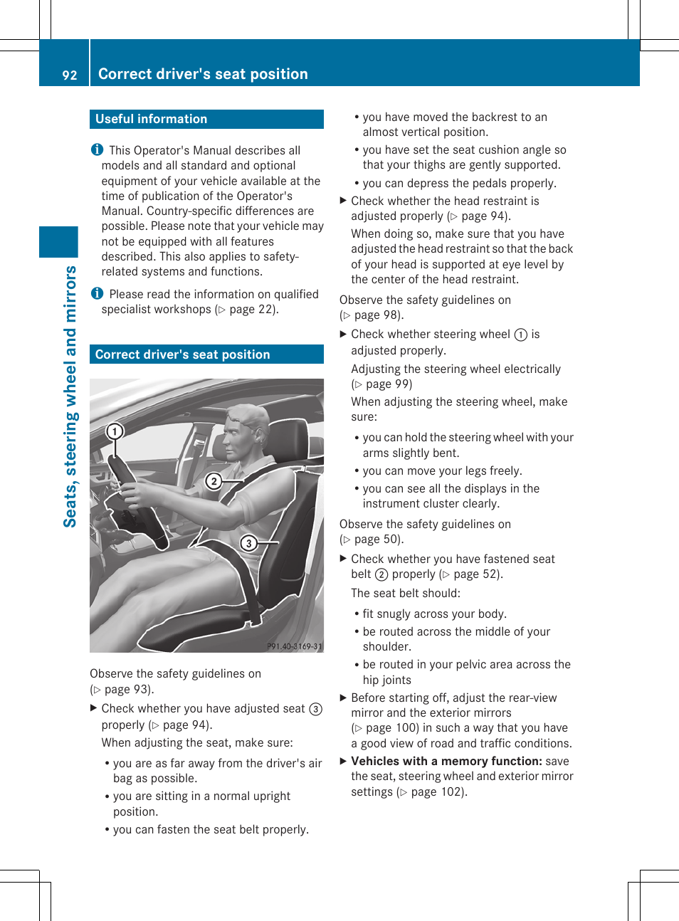 Seats, steering wheel and mirrors, Useful information, Correct driver's seat position | An almost vertical position | Mercedes-Benz CLS-Class 2012 Owners Manual User Manual | Page 94 / 356