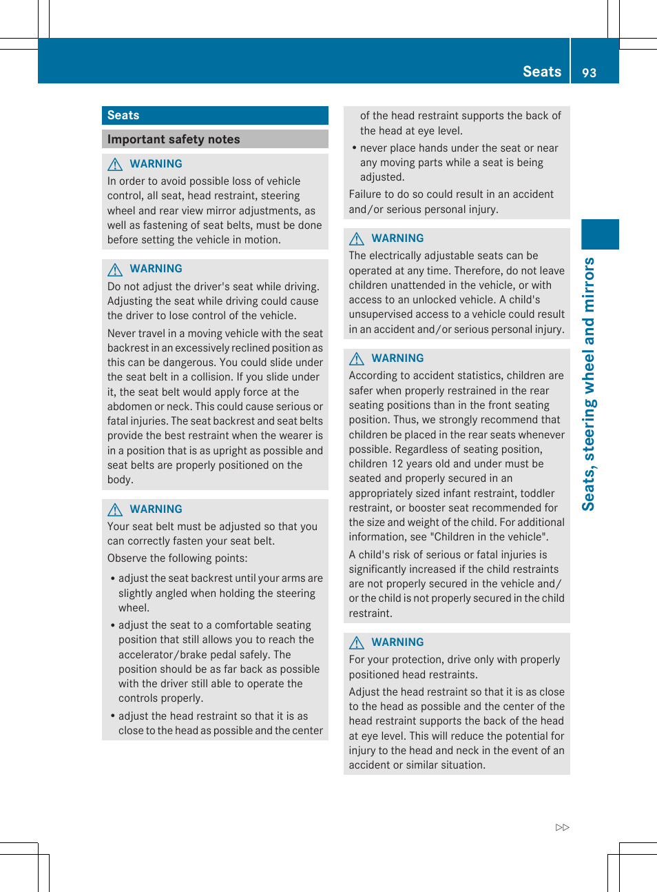 Seats, Important safety notes, Seats, steering wheel and mirrors | Mercedes-Benz CLS-Class 2012 Owners Manual User Manual | Page 95 / 356