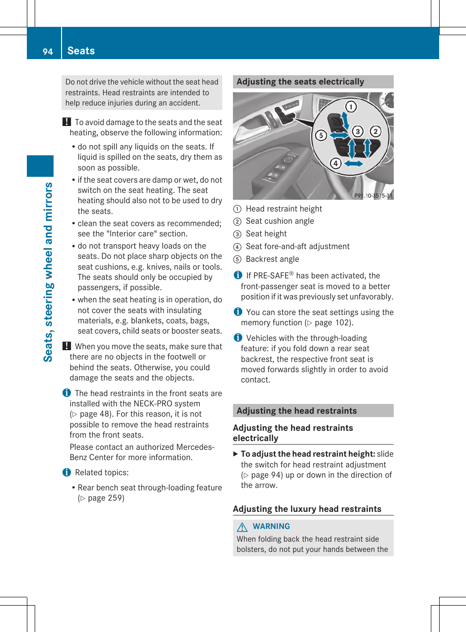Adjusting the seats electrically, Adjusting the head restraints, Properly | Seats, steering wheel and mirrors, Seats | Mercedes-Benz CLS-Class 2012 Owners Manual User Manual | Page 96 / 356