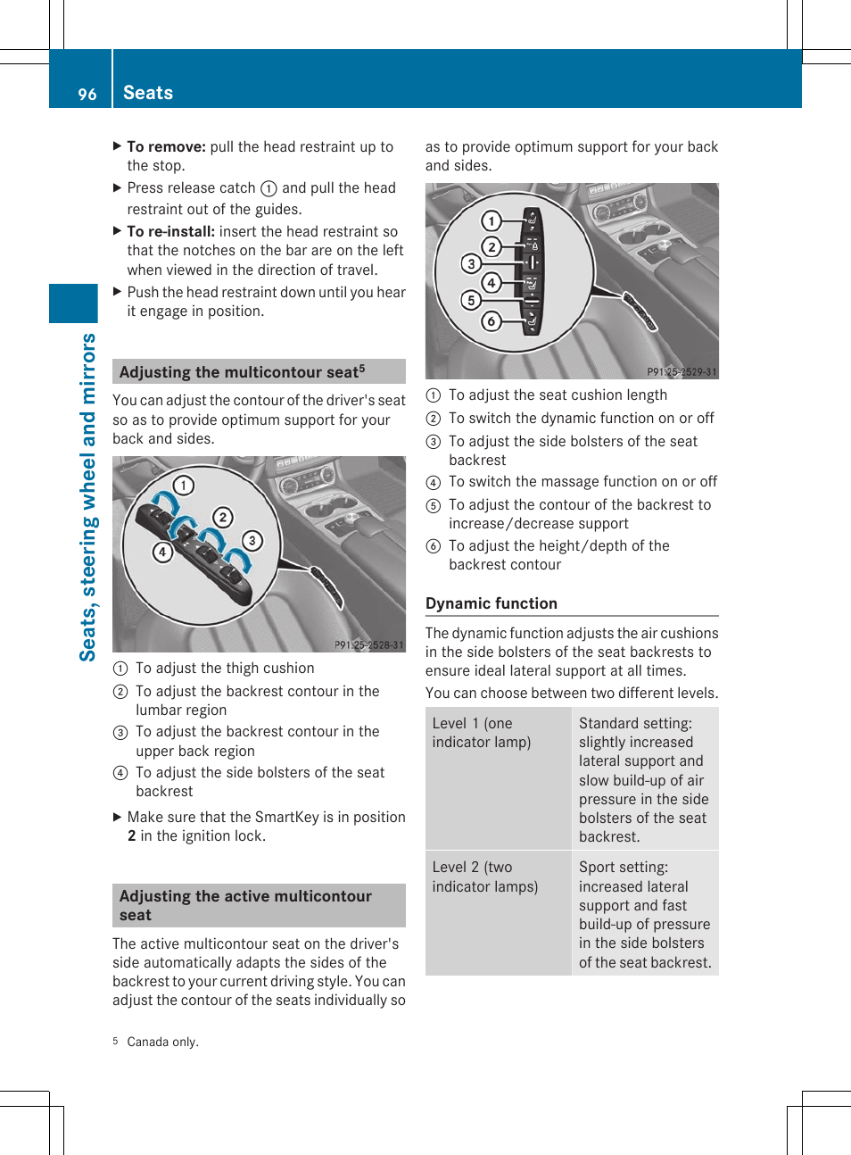 Adjusting the multicontour seat, Adjusting the active multicontour seat, Seats, steering wheel and mirrors | Seats | Mercedes-Benz CLS-Class 2012 Owners Manual User Manual | Page 98 / 356