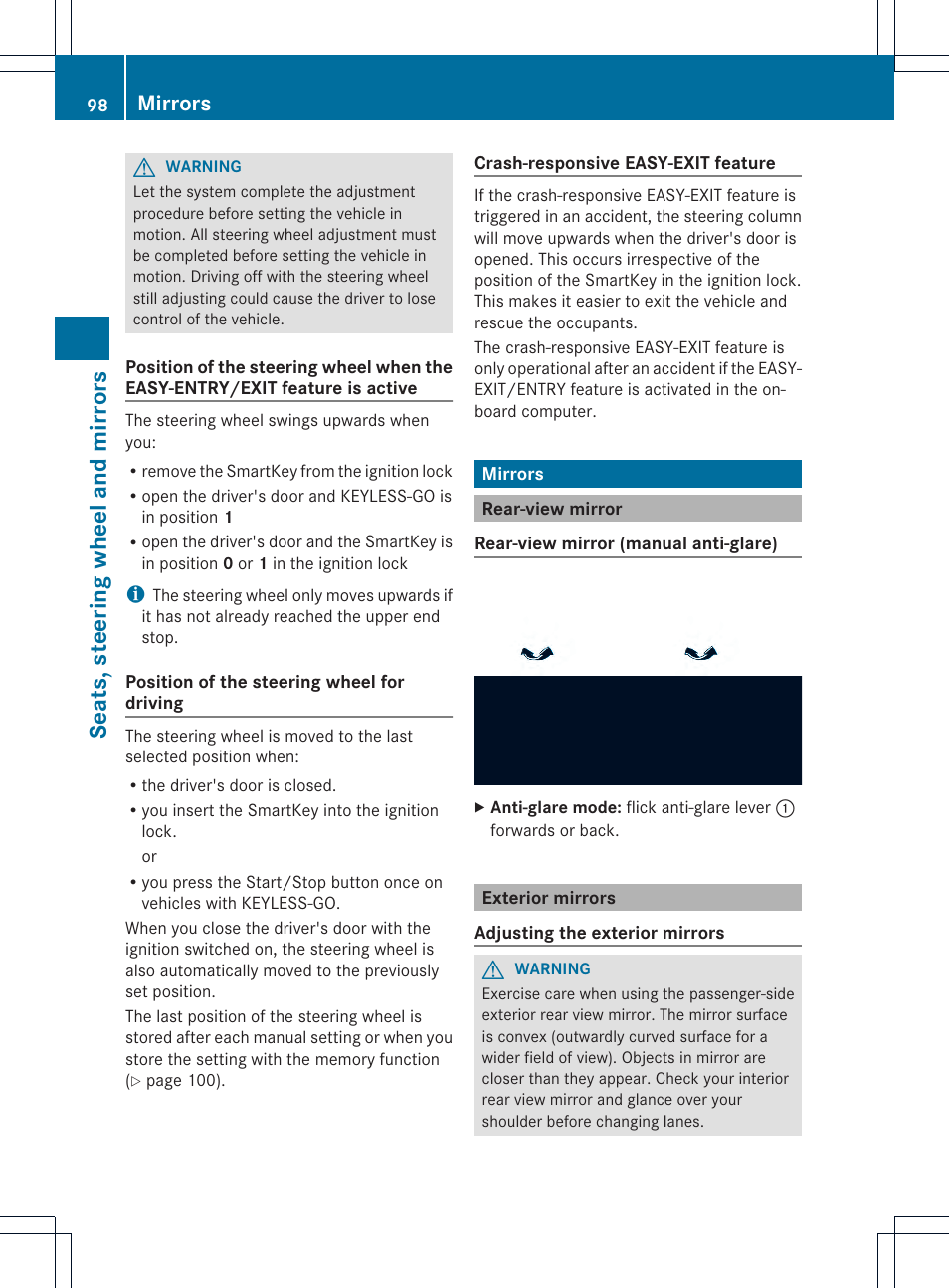 Seats, steering wheel and mirrors, Mirrors | Mercedes-Benz SLK-Class 2012 Owners Manual User Manual | Page 100 / 334