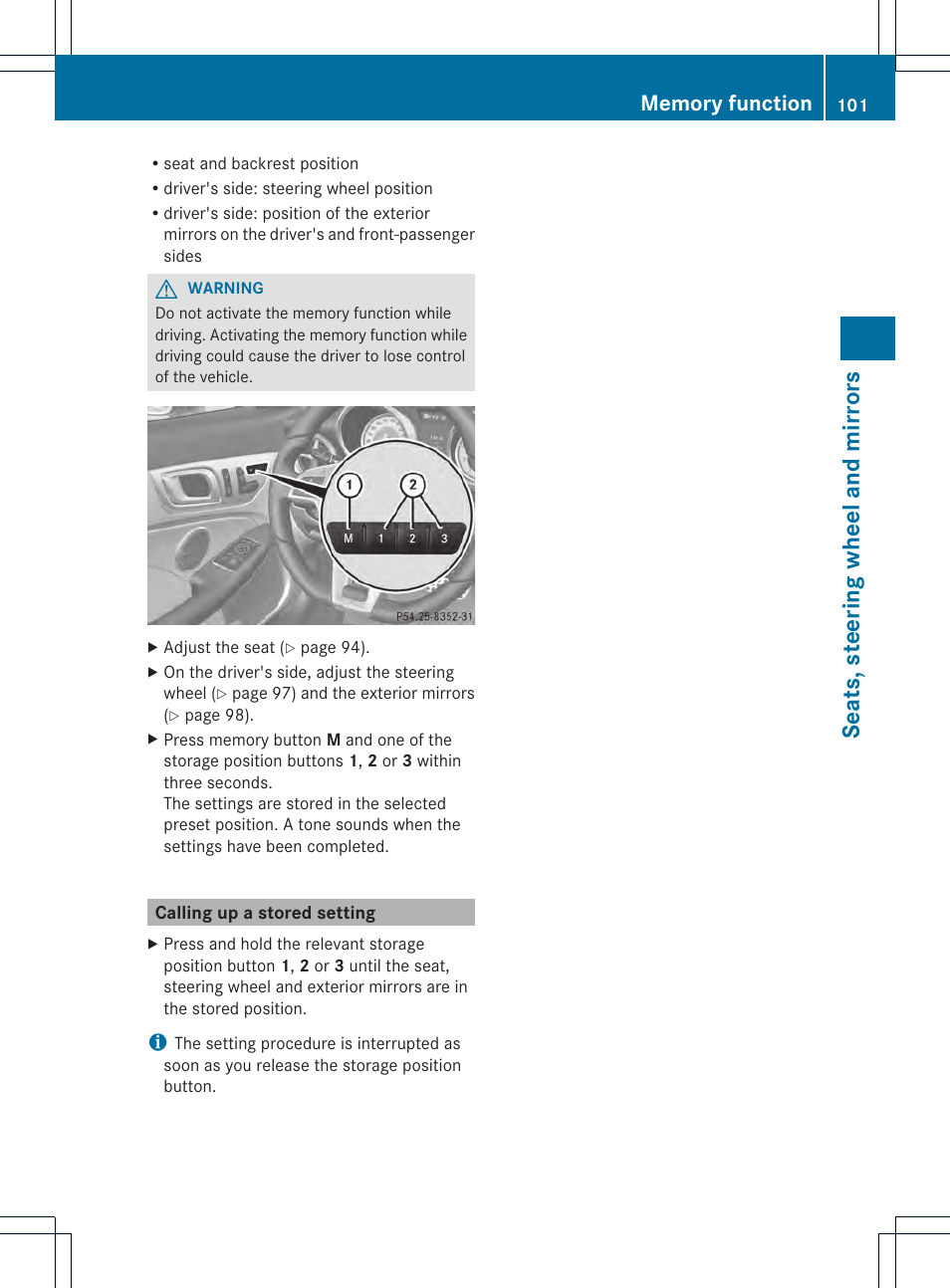 Seat s, steer ing wheel and mir ror s | Mercedes-Benz SLK-Class 2012 Owners Manual User Manual | Page 103 / 334