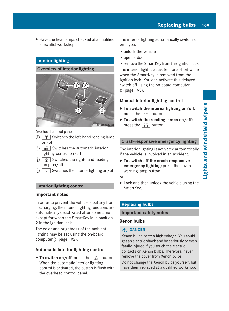 Lights and windshield wipers, Replacing bulbs | Mercedes-Benz SLK-Class 2012 Owners Manual User Manual | Page 111 / 334