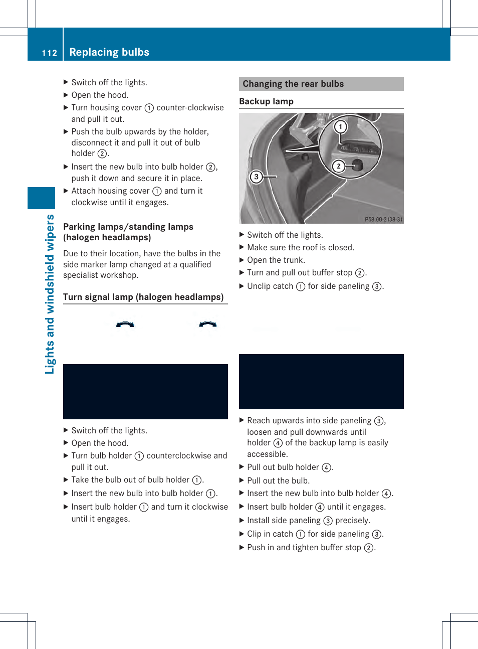 Lights and windshield wipers, Replacing bulbs | Mercedes-Benz SLK-Class 2012 Owners Manual User Manual | Page 114 / 334