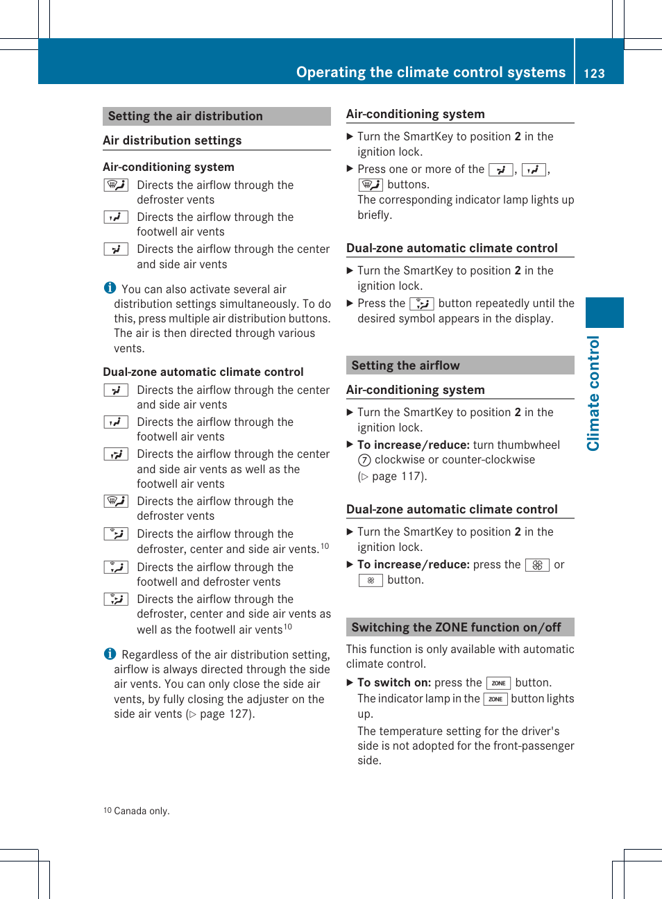 Climate control, Operating the climate control systems | Mercedes-Benz SLK-Class 2012 Owners Manual User Manual | Page 125 / 334