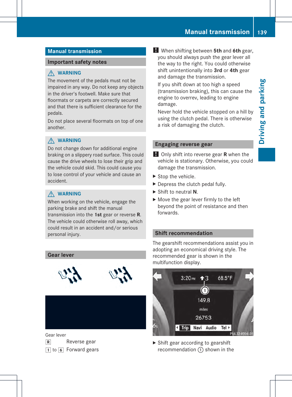 Driving and parking, Manual transmission | Mercedes-Benz SLK-Class 2012 Owners Manual User Manual | Page 141 / 334