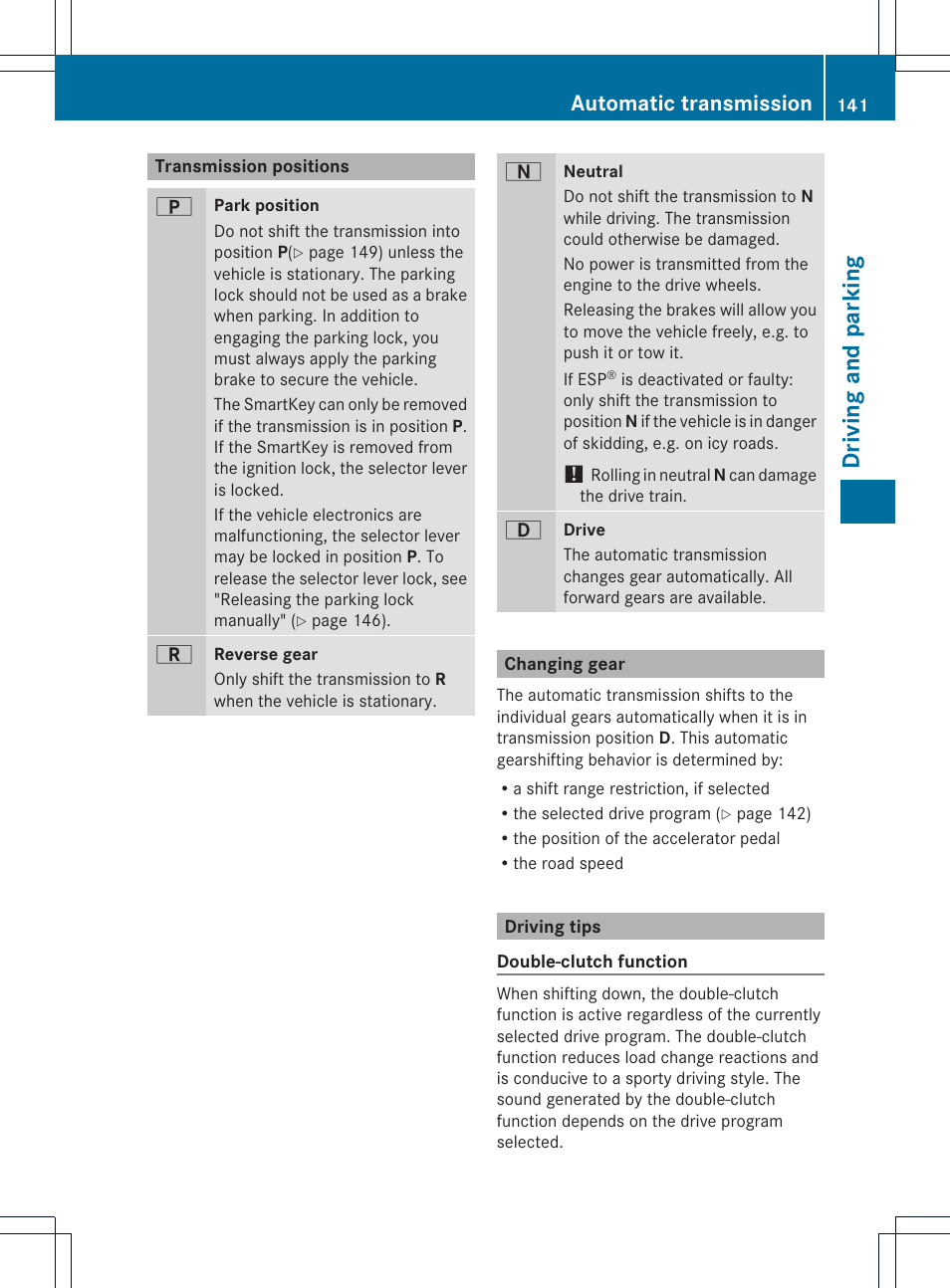 Driving and parking, Automatic transmission | Mercedes-Benz SLK-Class 2012 Owners Manual User Manual | Page 143 / 334