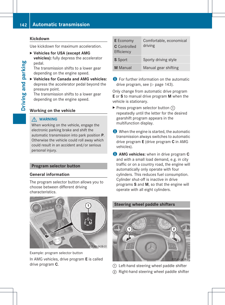 Driving and parking, Automatic transmission | Mercedes-Benz SLK-Class 2012 Owners Manual User Manual | Page 144 / 334
