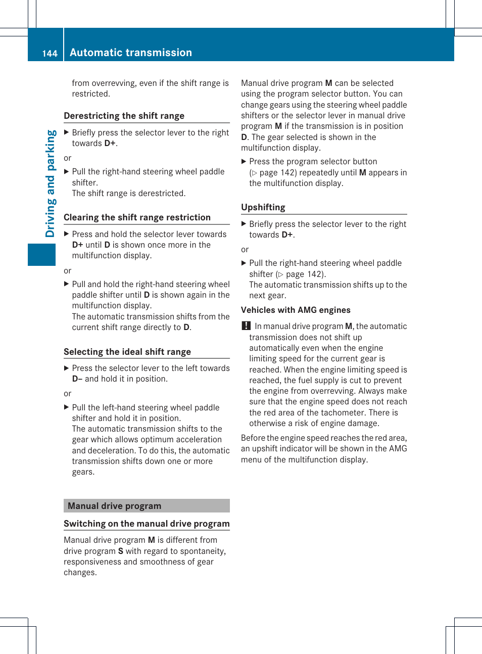 Driving and parking, Automatic transmission | Mercedes-Benz SLK-Class 2012 Owners Manual User Manual | Page 146 / 334