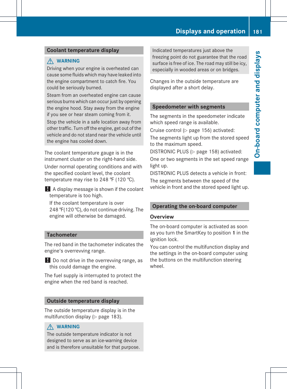 On-board computer and displays, Displays and operation | Mercedes-Benz SLK-Class 2012 Owners Manual User Manual | Page 183 / 334
