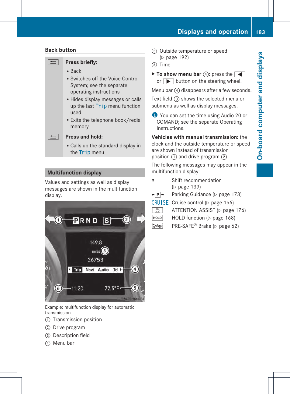 On-boar d compu ter and disp lays, Displays and operation | Mercedes-Benz SLK-Class 2012 Owners Manual User Manual | Page 185 / 334