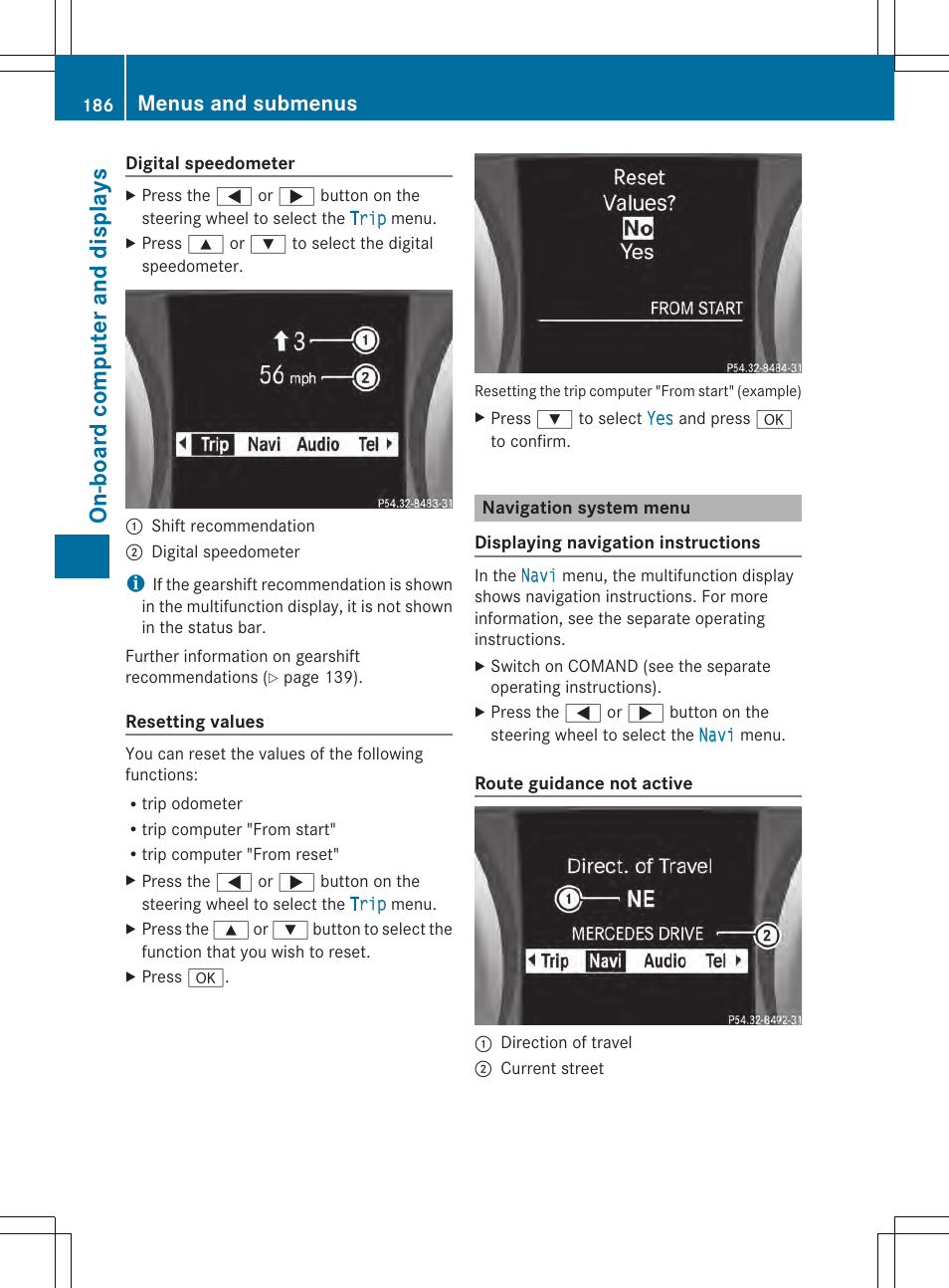 On-board computer and displays, Menus and submenus | Mercedes-Benz SLK-Class 2012 Owners Manual User Manual | Page 188 / 334