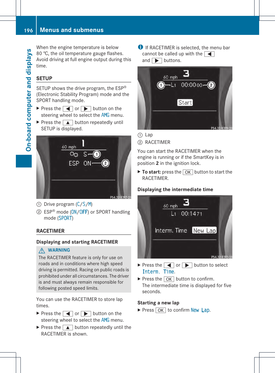 On-boar d comput er and displa ys, Menus and submenus | Mercedes-Benz SLK-Class 2012 Owners Manual User Manual | Page 198 / 334