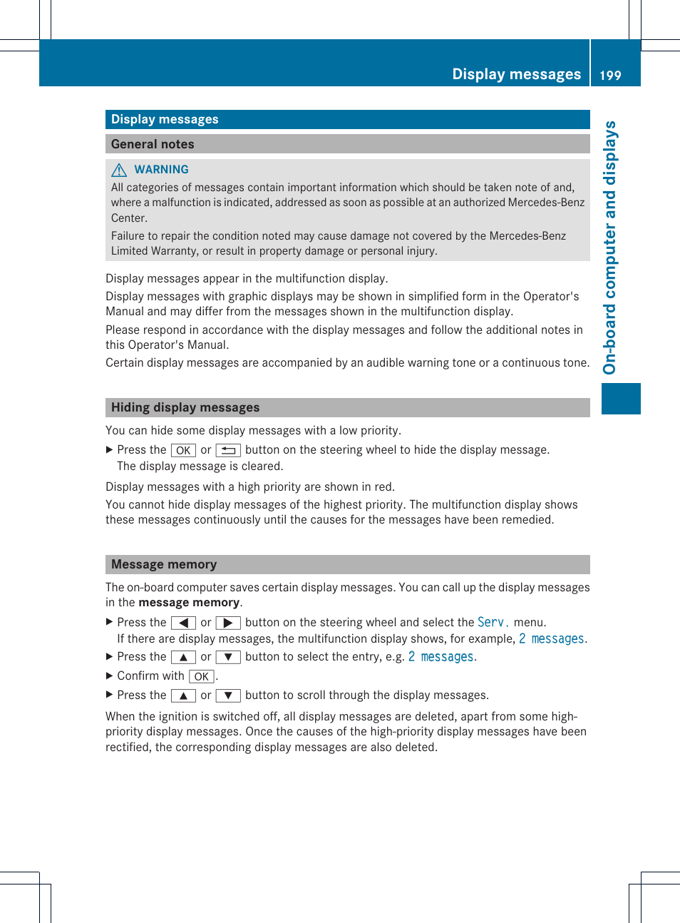 On-board computer and displays, Display messages | Mercedes-Benz SLK-Class 2012 Owners Manual User Manual | Page 201 / 334