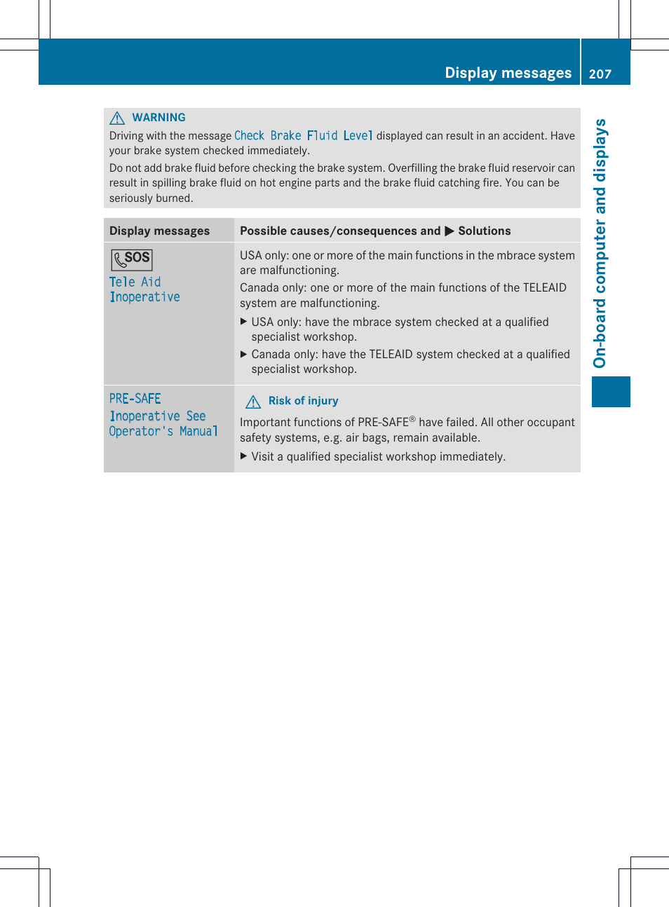 On-boa rd comp uter and disp lays, Display messages | Mercedes-Benz SLK-Class 2012 Owners Manual User Manual | Page 209 / 334