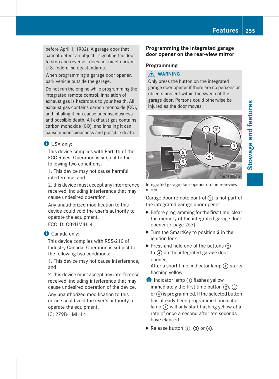 Stowage and features, Features | Mercedes-Benz SLK-Class 2012 Owners Manual User Manual | Page 257 / 334
