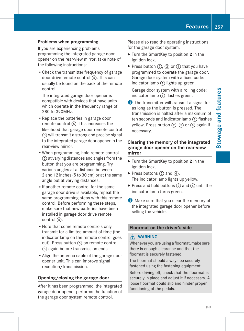 Stowage and features, Features | Mercedes-Benz SLK-Class 2012 Owners Manual User Manual | Page 259 / 334