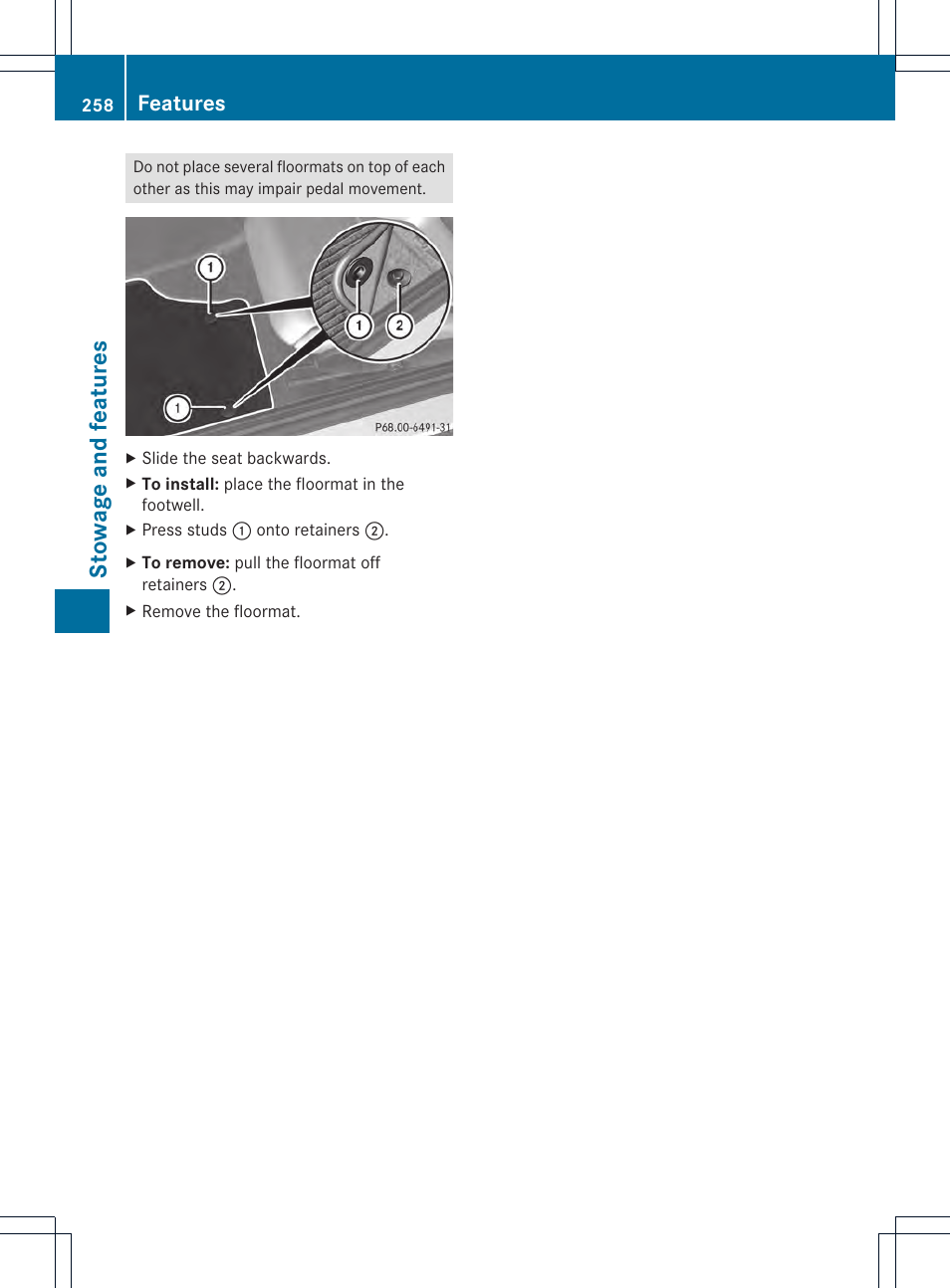 Stowage and features, Features | Mercedes-Benz SLK-Class 2012 Owners Manual User Manual | Page 260 / 334