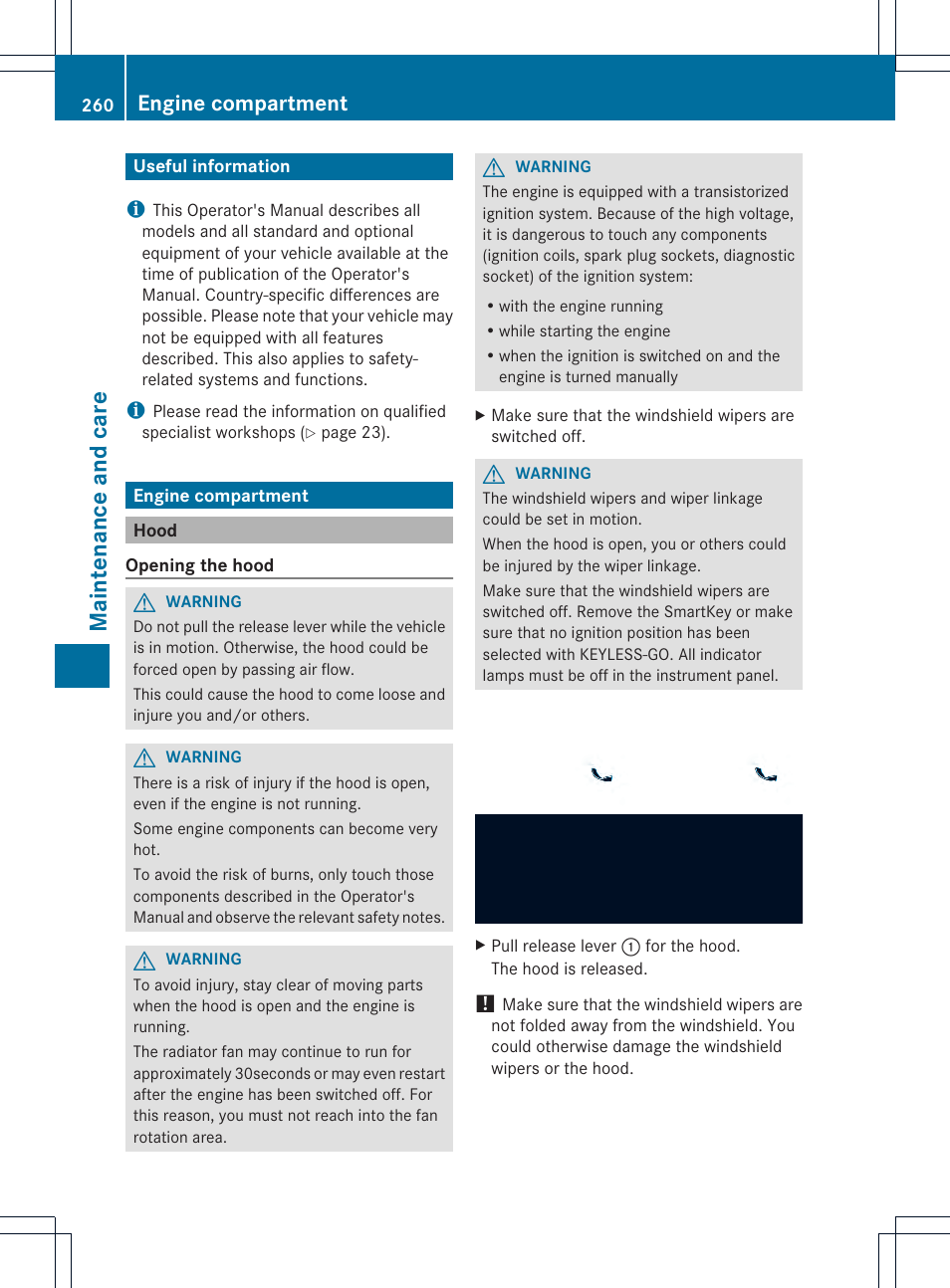 Maint enance and care, Engine compartment | Mercedes-Benz SLK-Class 2012 Owners Manual User Manual | Page 262 / 334