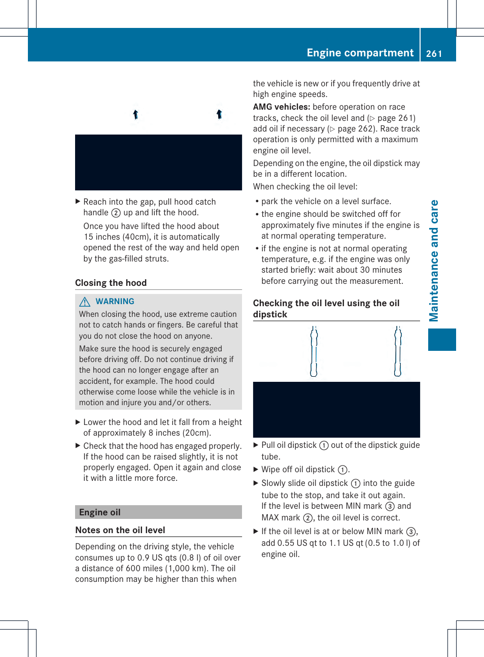 Main ten anc e and care, Engine compartment | Mercedes-Benz SLK-Class 2012 Owners Manual User Manual | Page 263 / 334