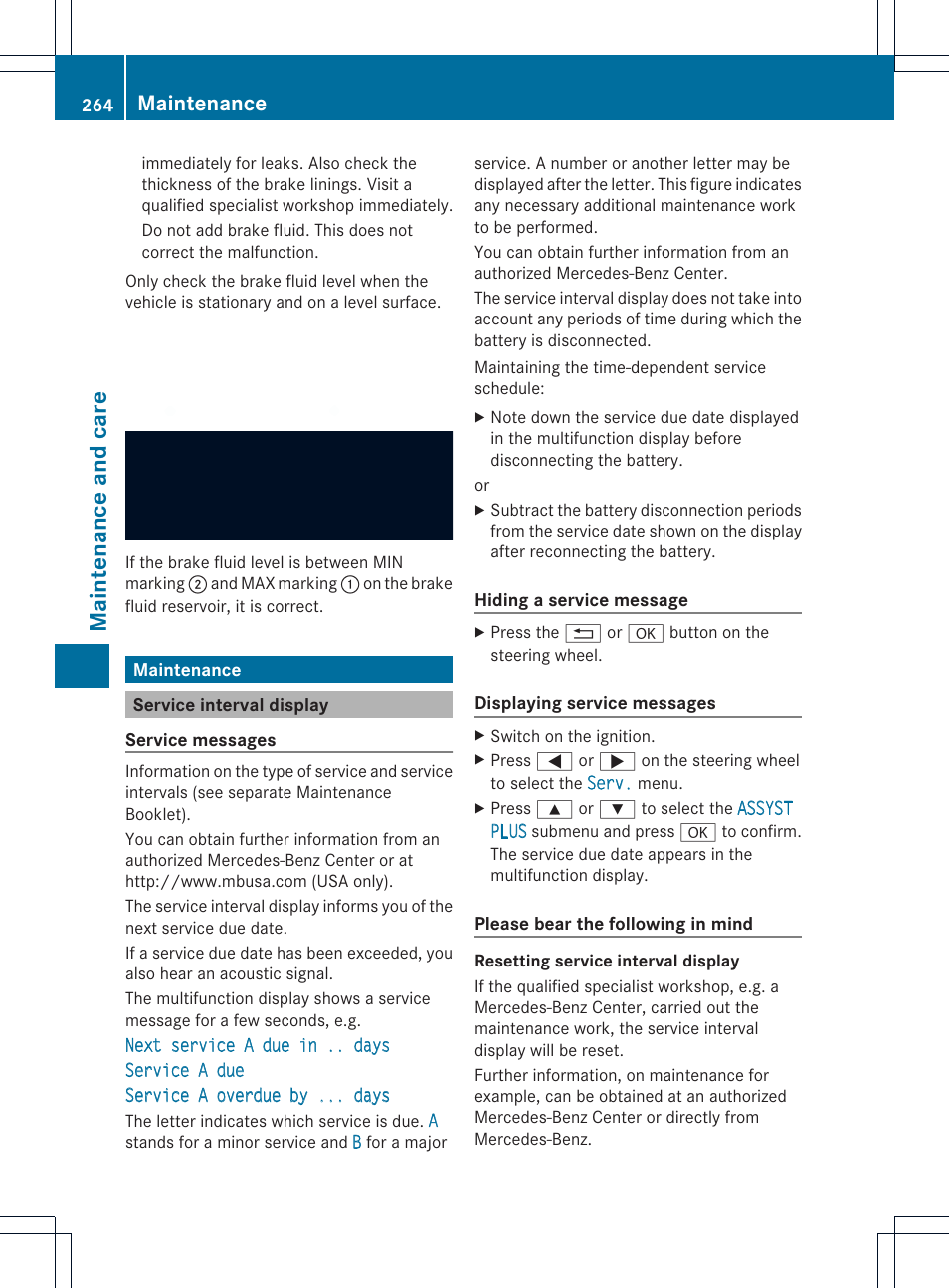 Maint enance and care, Maintenance | Mercedes-Benz SLK-Class 2012 Owners Manual User Manual | Page 266 / 334