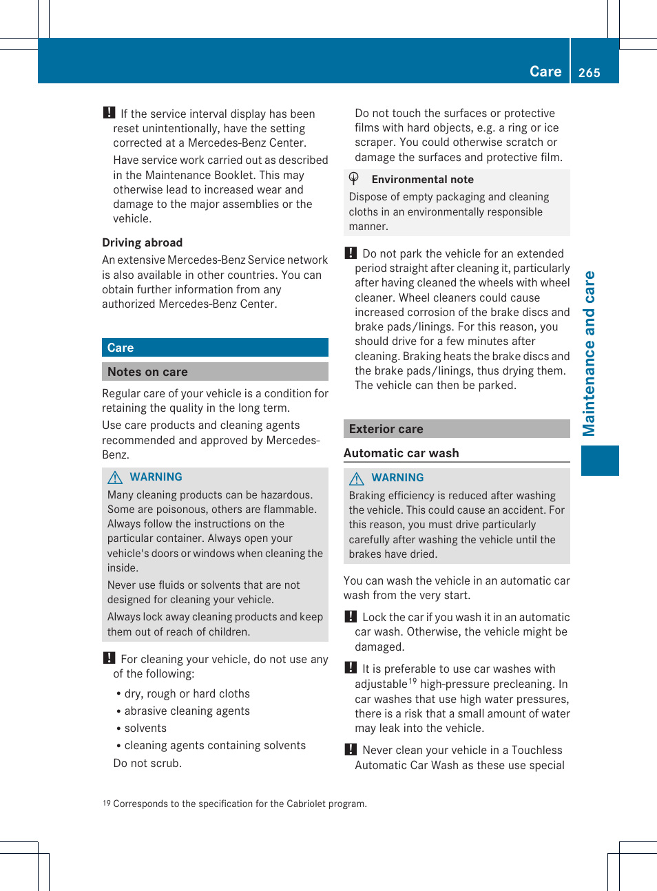 Maintenance and care, Care | Mercedes-Benz SLK-Class 2012 Owners Manual User Manual | Page 267 / 334
