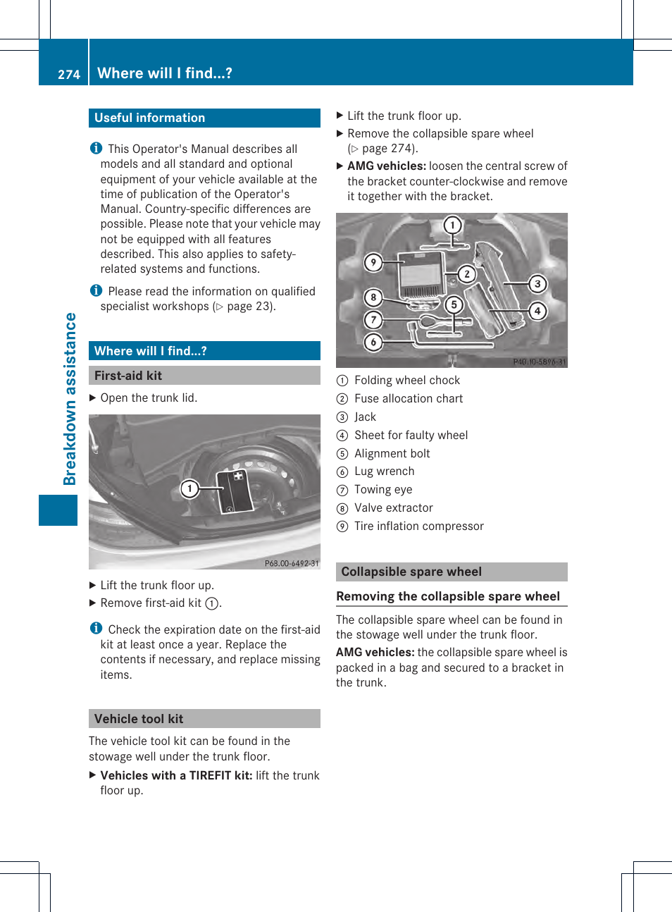 Breakdown assistance, Where will i find | Mercedes-Benz SLK-Class 2012 Owners Manual User Manual | Page 276 / 334