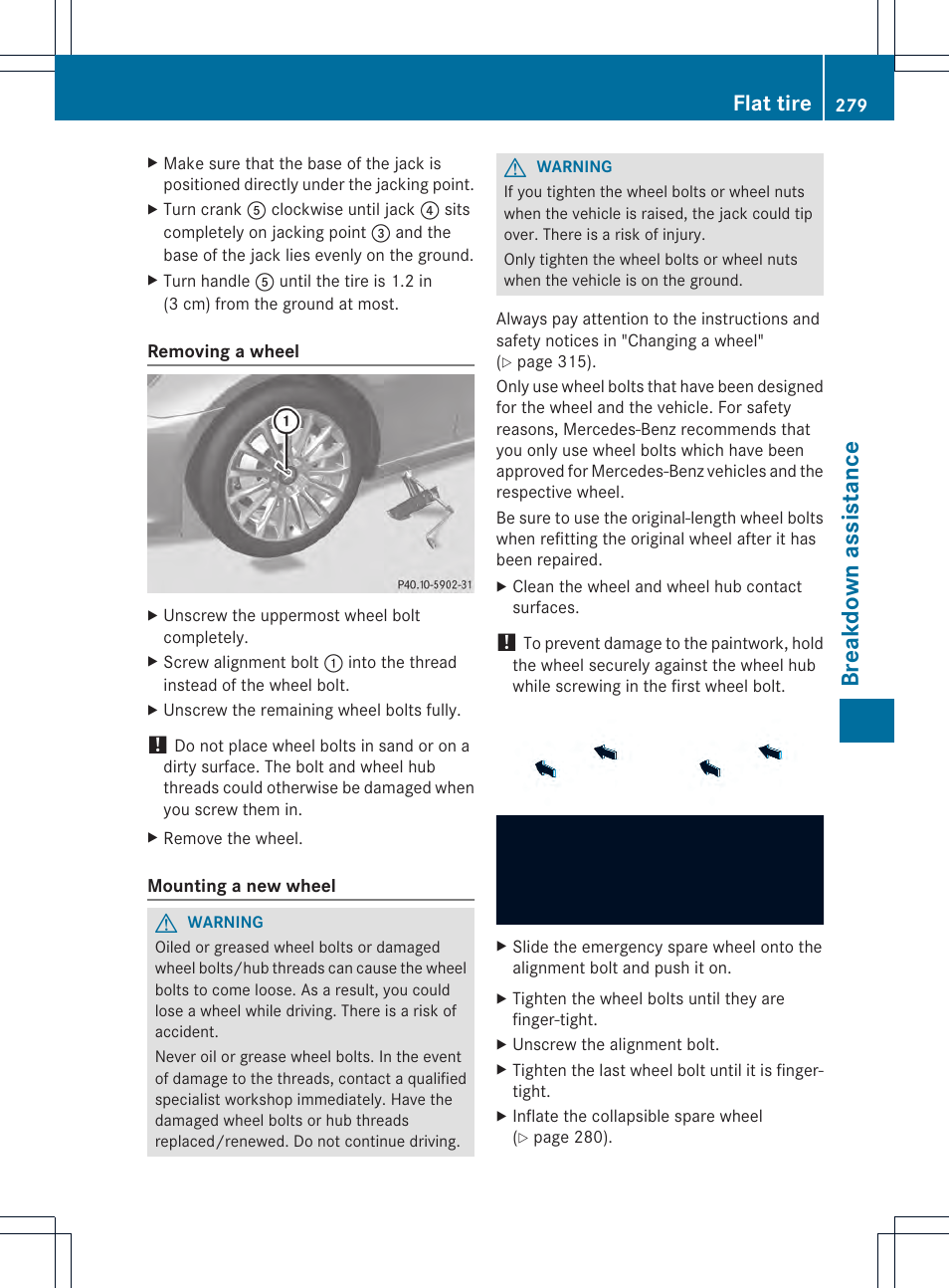 Breakdown assistance, Flat tire | Mercedes-Benz SLK-Class 2012 Owners Manual User Manual | Page 281 / 334
