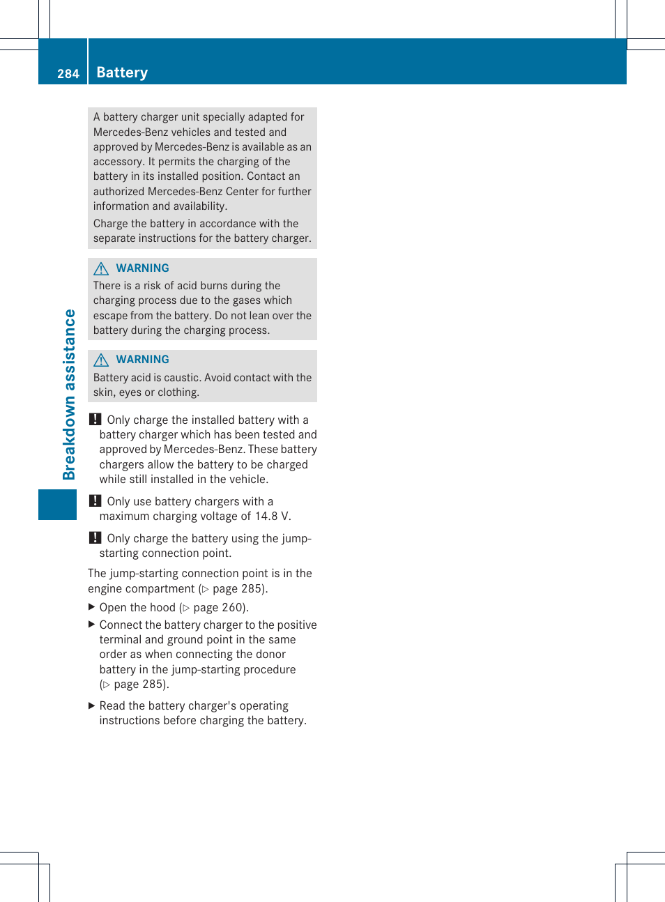 Breakdown assistance, Battery | Mercedes-Benz SLK-Class 2012 Owners Manual User Manual | Page 286 / 334