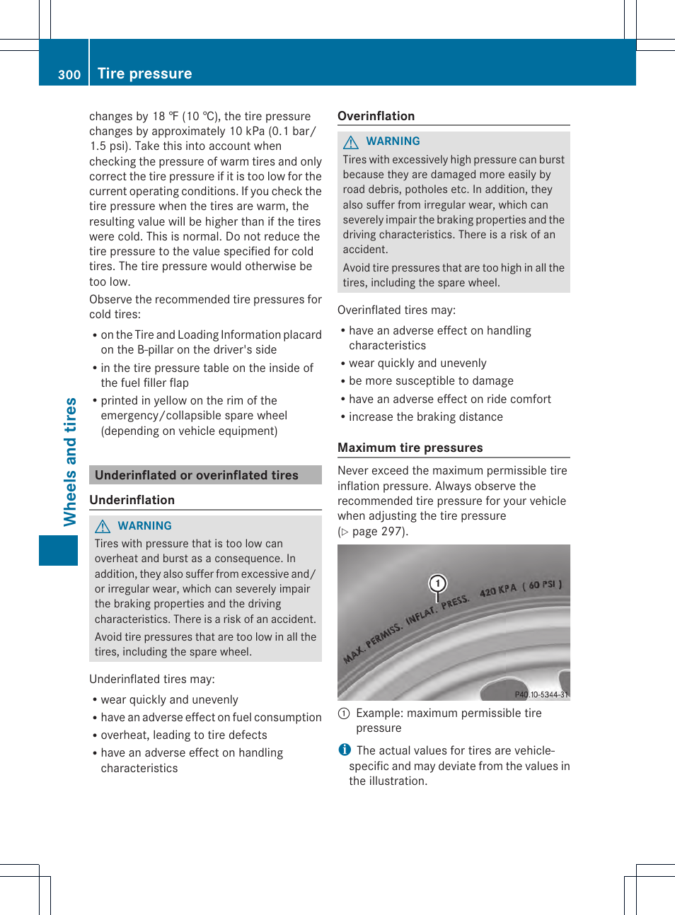 Wheels and tires, Tire pressure | Mercedes-Benz SLK-Class 2012 Owners Manual User Manual | Page 302 / 334