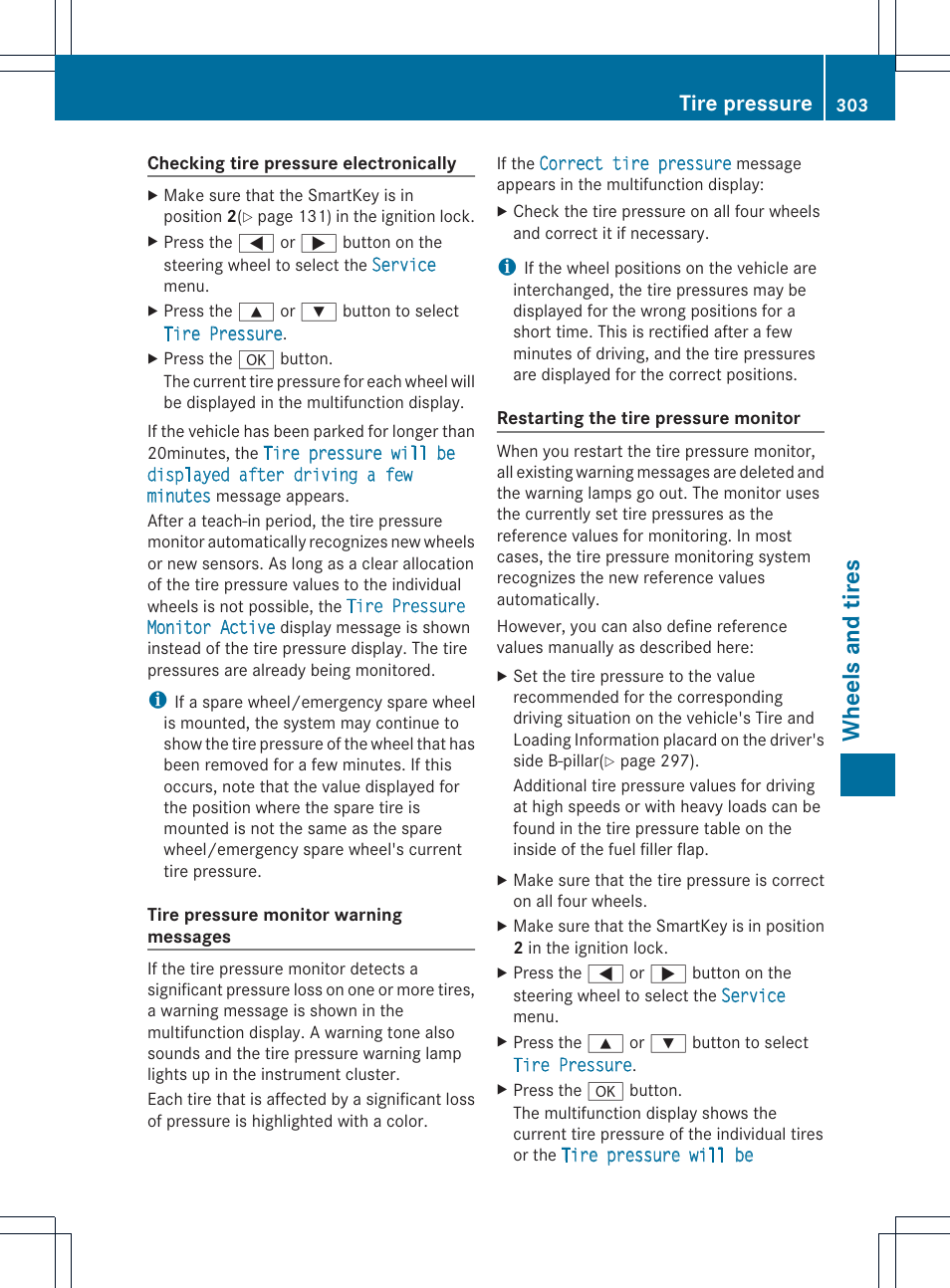 Wheels and tires, Tire pressure | Mercedes-Benz SLK-Class 2012 Owners Manual User Manual | Page 305 / 334