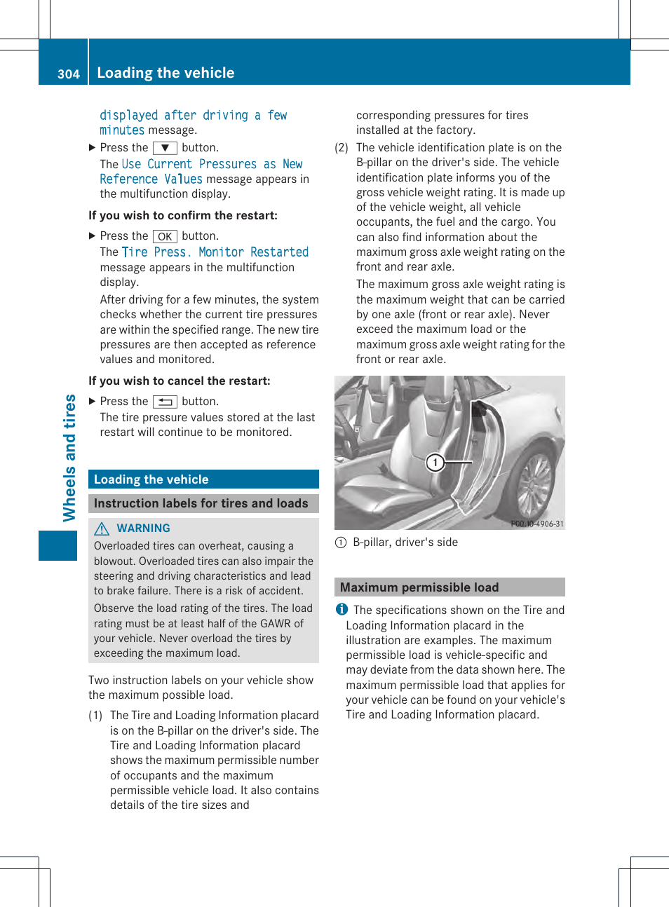 Wheels and tires, Loading the vehicle | Mercedes-Benz SLK-Class 2012 Owners Manual User Manual | Page 306 / 334