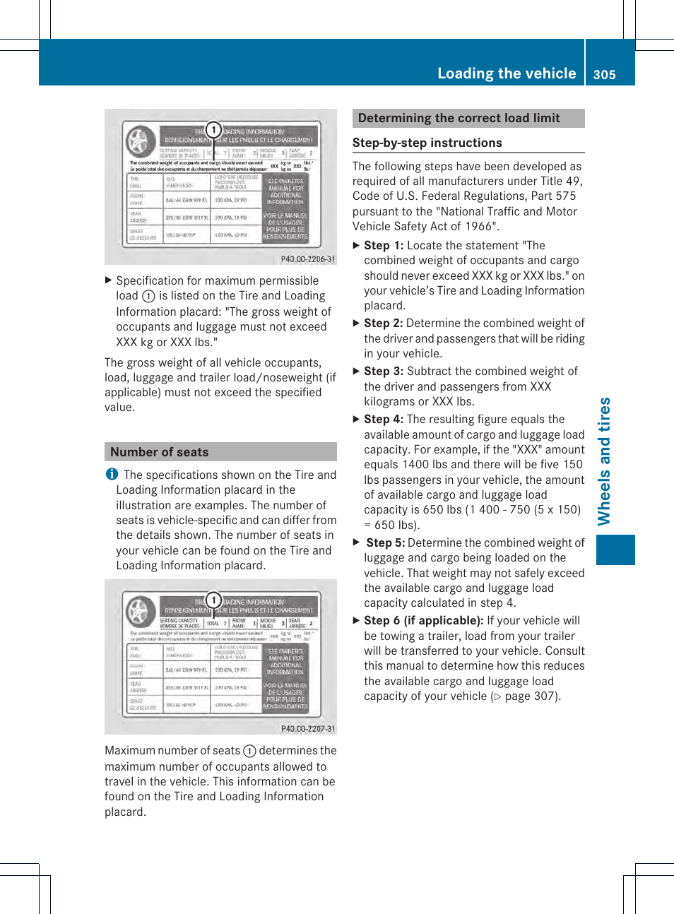 Wheels and tires, Loading the vehicle | Mercedes-Benz SLK-Class 2012 Owners Manual User Manual | Page 307 / 334