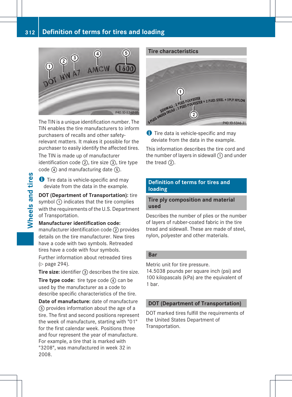 Wheels and tires, Definition of terms for tires and loading | Mercedes-Benz SLK-Class 2012 Owners Manual User Manual | Page 314 / 334