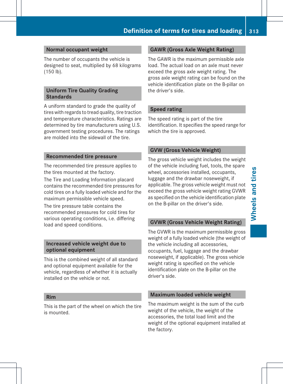 Wh eels and tir es, Definition of terms for tires and loading | Mercedes-Benz SLK-Class 2012 Owners Manual User Manual | Page 315 / 334
