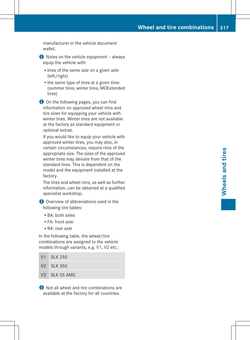 Wheels and tires, Wheel and tire combinations | Mercedes-Benz SLK-Class 2012 Owners Manual User Manual | Page 319 / 334