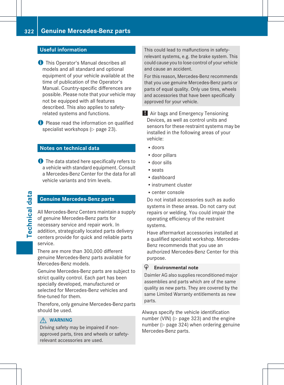 Technical data, Genuine mercedes-benz parts | Mercedes-Benz SLK-Class 2012 Owners Manual User Manual | Page 324 / 334