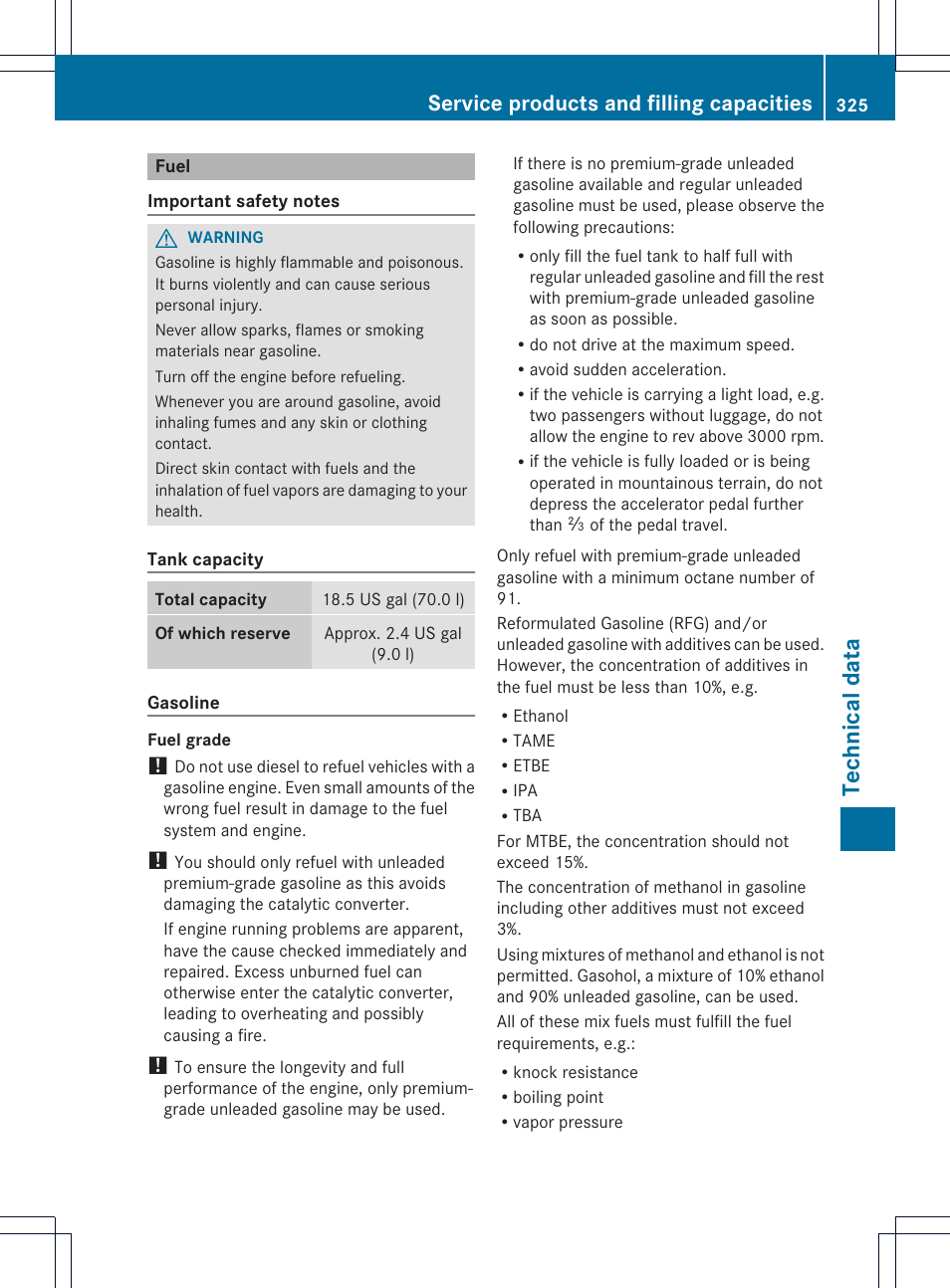 Technical data, Service products and filling capacities | Mercedes-Benz SLK-Class 2012 Owners Manual User Manual | Page 327 / 334